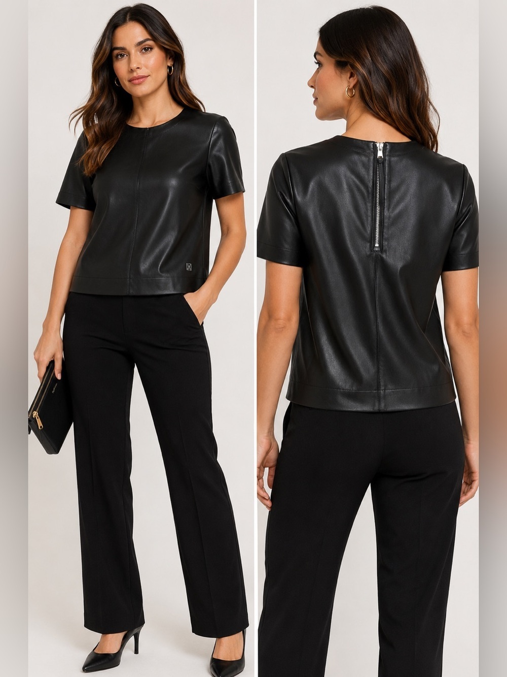 Calvin Klein Faux Leather Short Sleeve Top Black NWT S/P Petite Back Zip